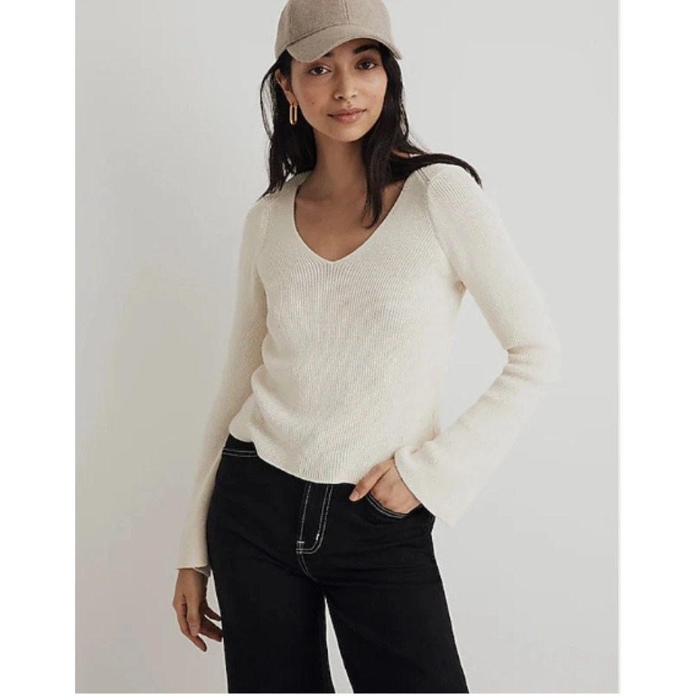 Madewell Flared-Sleeve V-Neck Sweater Small Antique Cream Ribbed NWT